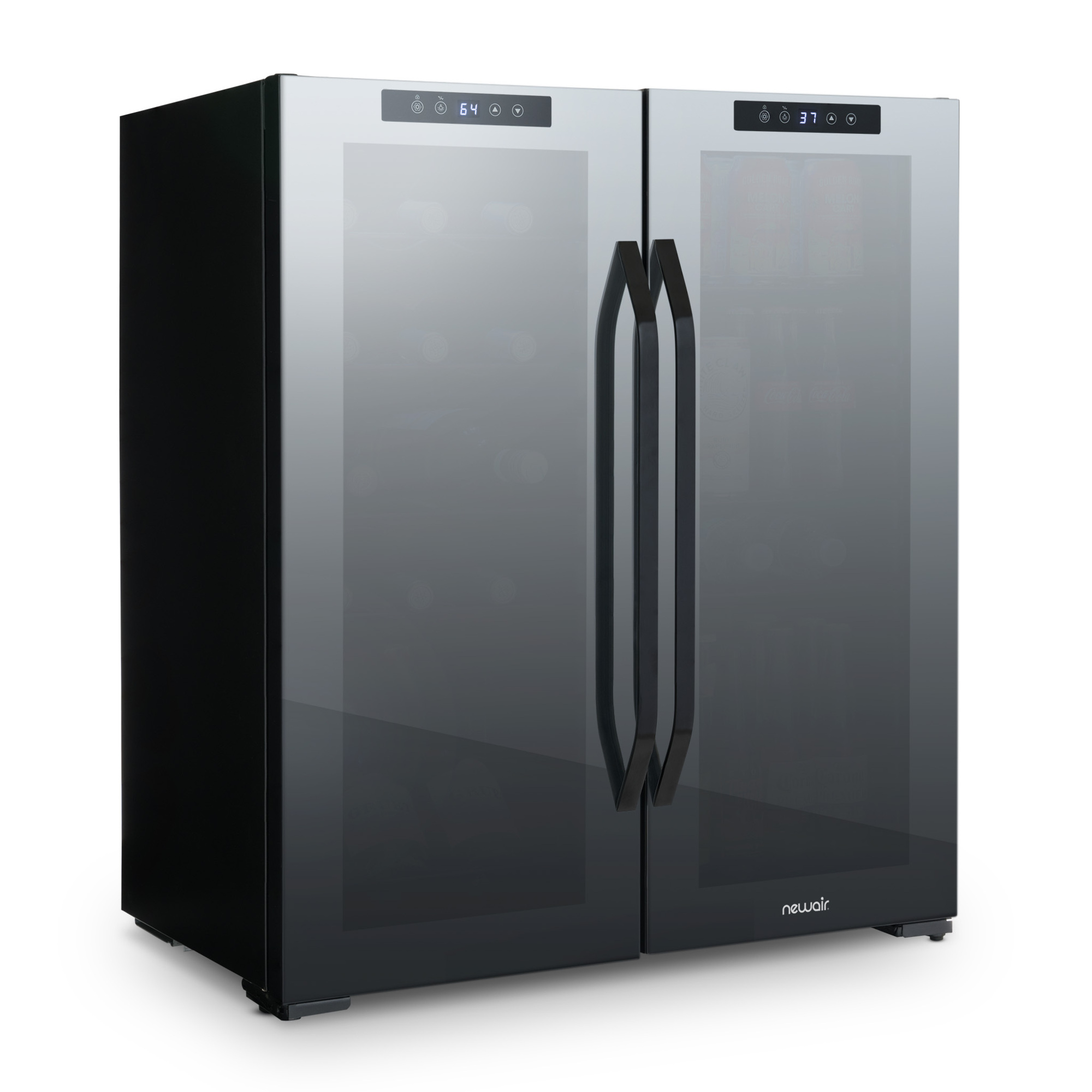 Newair, 18 Bottle 59 Can Mirrored Wine Beverage Fridge, Bottle Capacity 18 Can Capacity 59 Model# NWB077BKD0